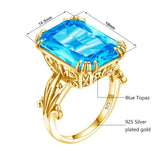 A beautiful ring features a genuine blue topaz stone set in 14K gold-plated solid sterling silver 925, Gemstones Jewelry